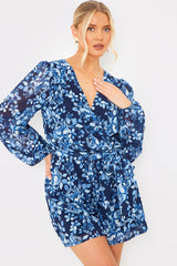 Floral Chiffon Wrap Belted Balloon Sleeve Playsuit
