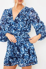 Floral Chiffon Wrap Belted Balloon Sleeve Playsuit