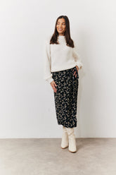 Black Floral Wrap Midi Skirt