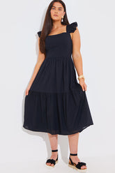 Dobby Frill Strap Tie Back Detail Tiered Midi Dress