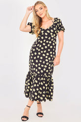 Floral Plunge Short Sleeve Midi Dress