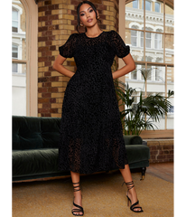 Chi Chi London Short Sleeve Sheer Detail Dobby Midi Dress in Black