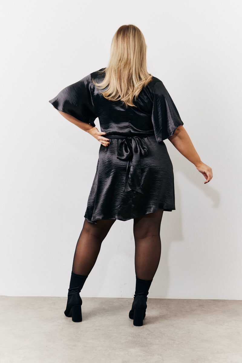 Black Liquid Satin Wrap Front Detail Mini Dress