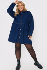 Dark Wash Denim Mini Smock Shirt Dress