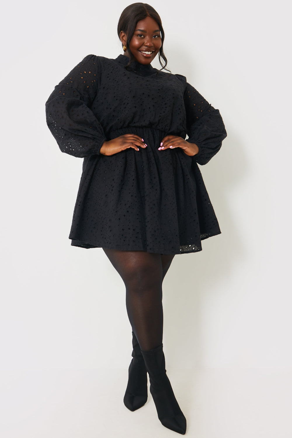 Broderie High Neck Frill Hem Mini Dress