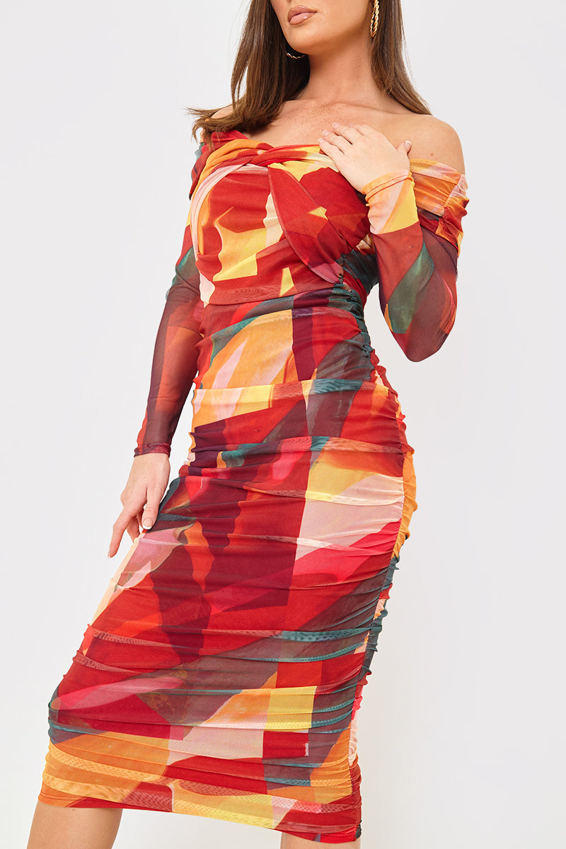 Contrast Mesh Twist Midi Dress