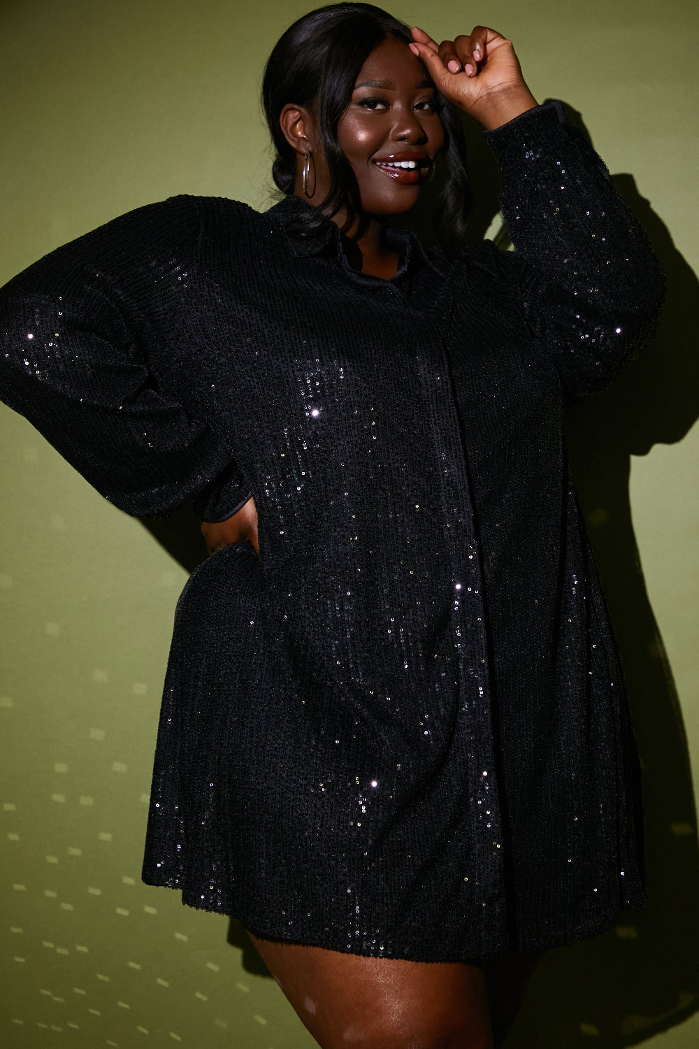 Black Sequin Oversized Shirt Dress