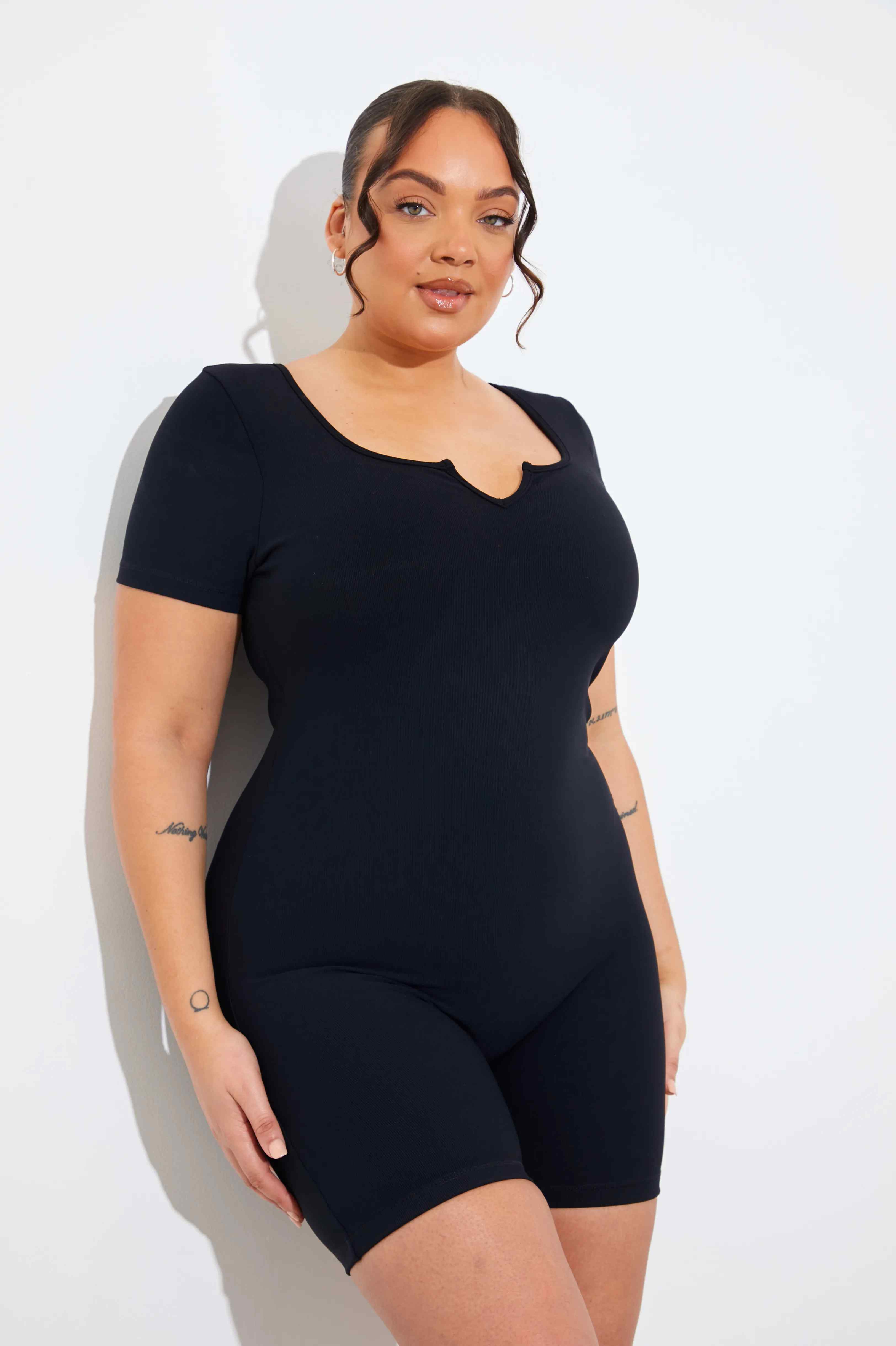 Built-In Bra Notched Neck Short Sleeve Sculpt and Control Short Unitard