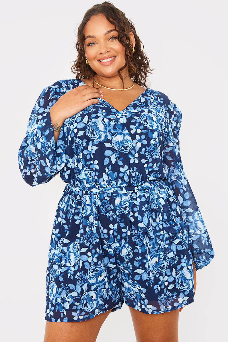 Floral Chiffon Wrap Belted Balloon Sleeve Playsuit