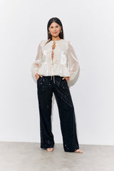 Cream Organza Tie Front Puff Sleeve Top