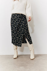 Black Floral Wrap Midi Skirt