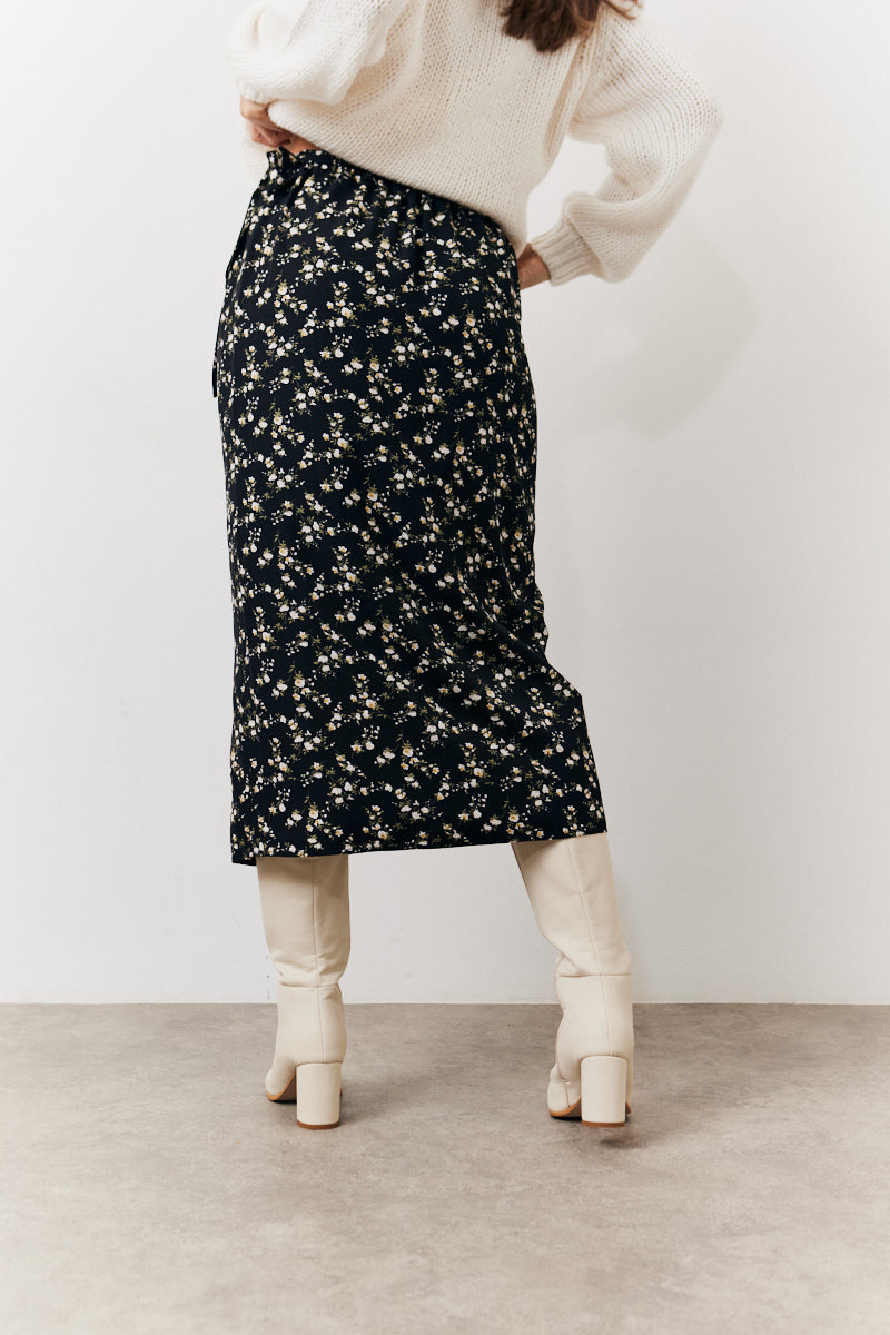 Black Floral Wrap Midi Skirt