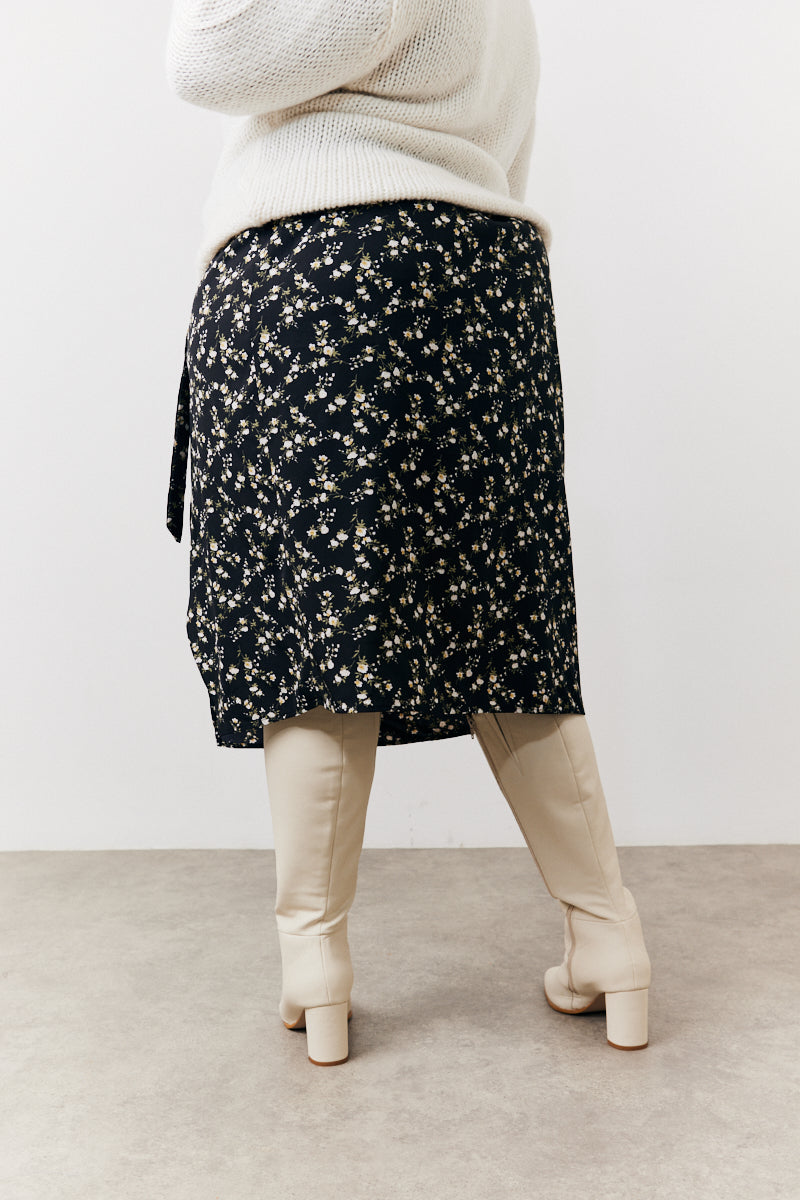 Black Floral Wrap Midi Skirt