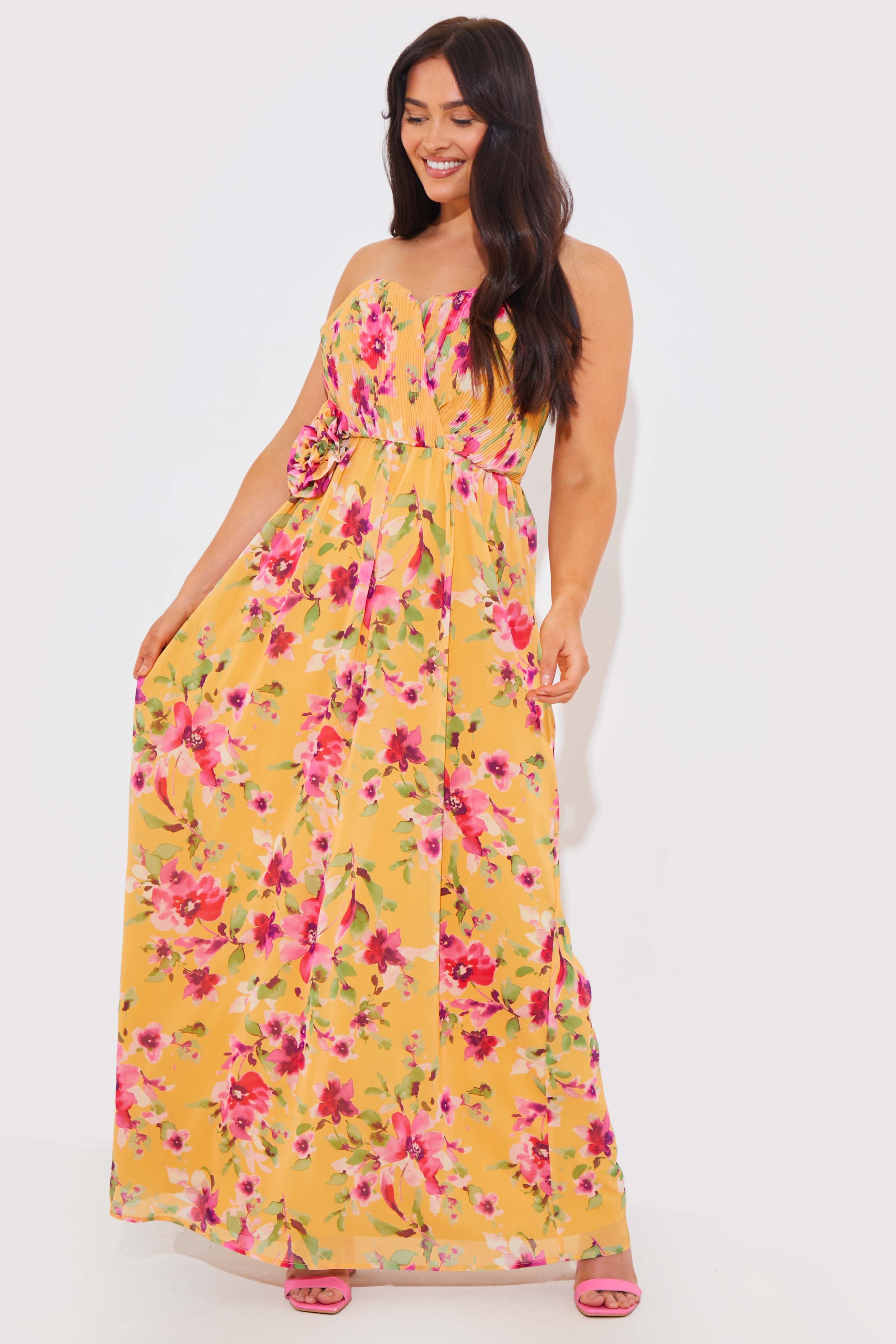 Floral Plisse Bandeau Maxi Dress With Removable Corsage