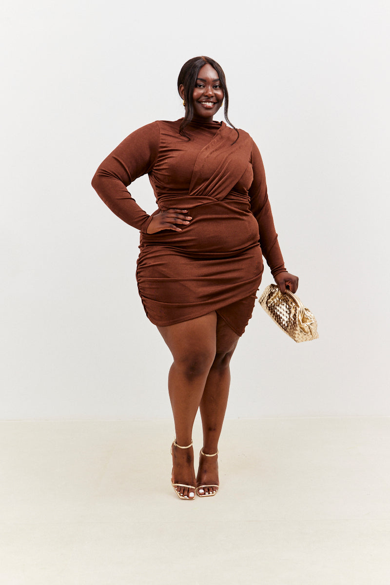 Acetate Slinky Drape Wrap Long Sleeve Mini Dress