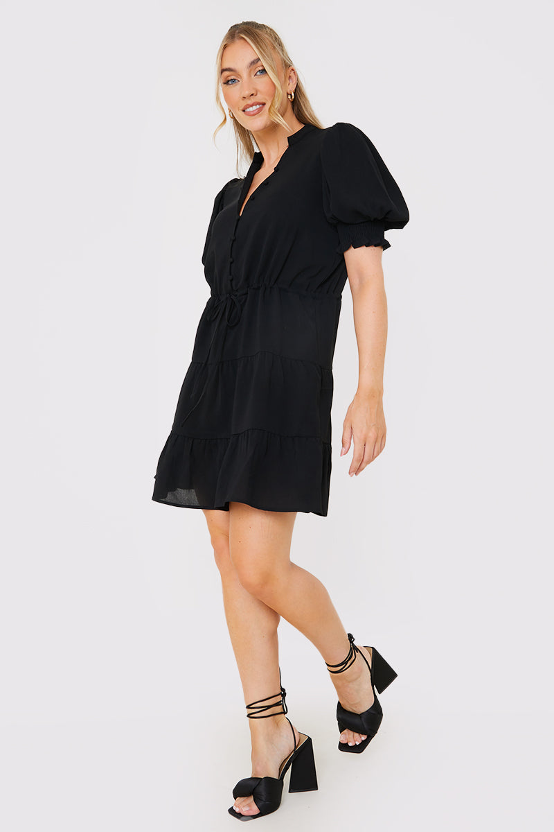Drawstring Waist Balloon Sleeve Mini Dress