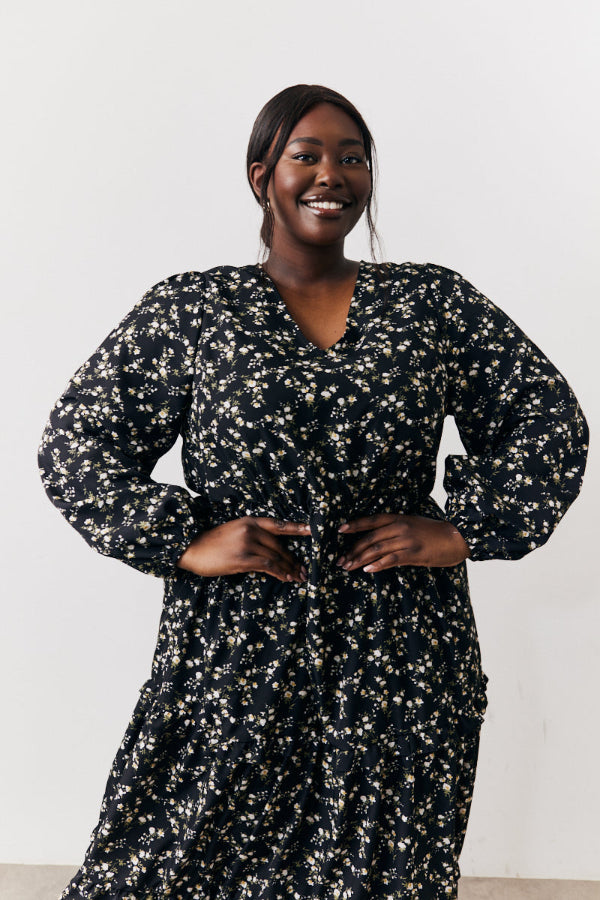 Black Ditsy Floral Printed Wrap Midi Dress