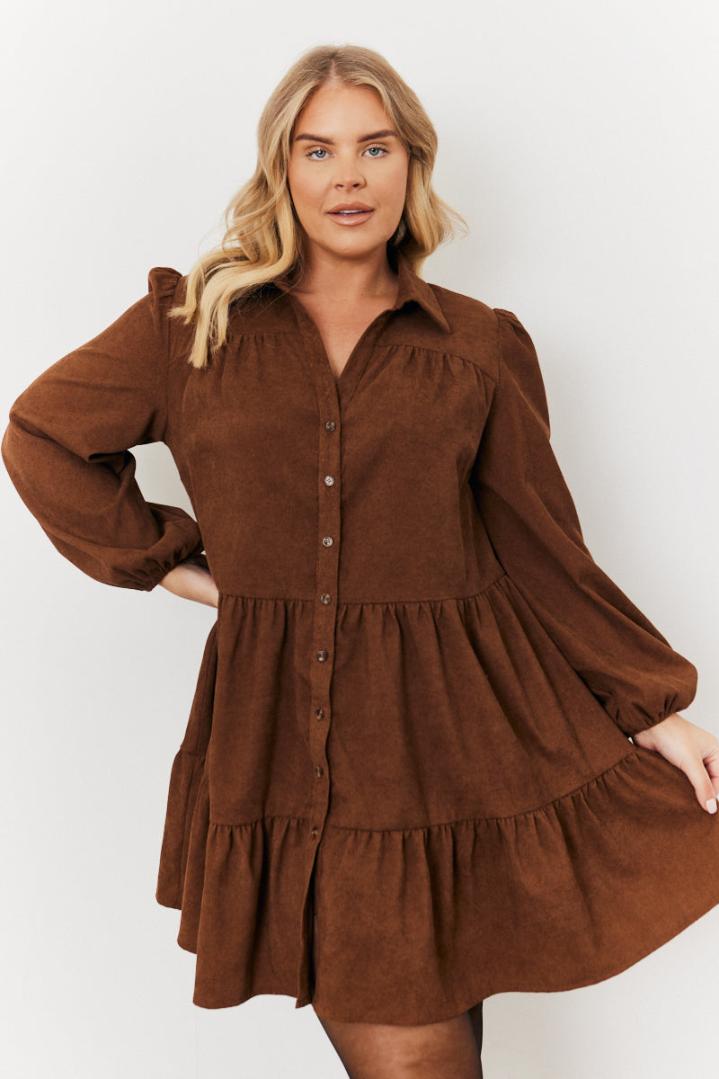 Corduroy Balloon Sleeve Button up Tiered Smock Dress