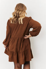 Corduroy Balloon Sleeve Button up Tiered Smock Dress