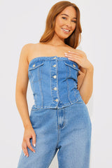 Denim Button Through Bandeau Top