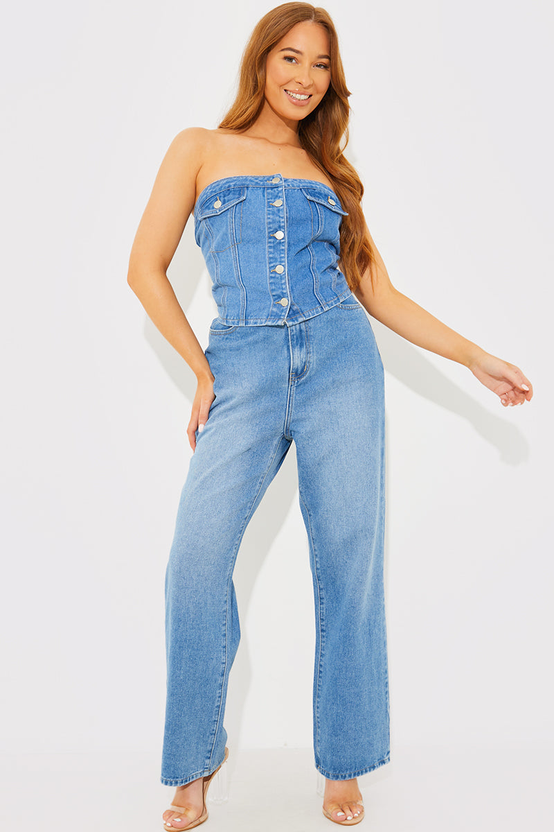 Denim Button Through Bandeau Top