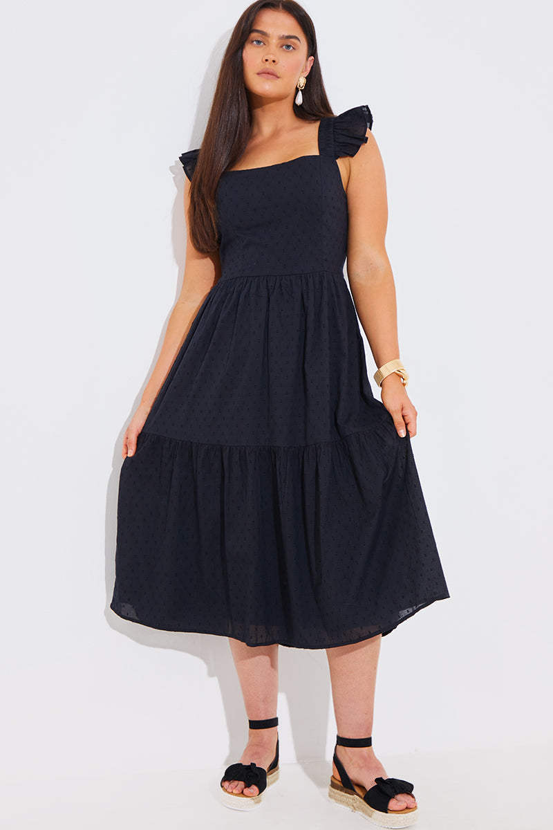 Dobby Frill Strap Tie Back Detail Tiered Midi Dress