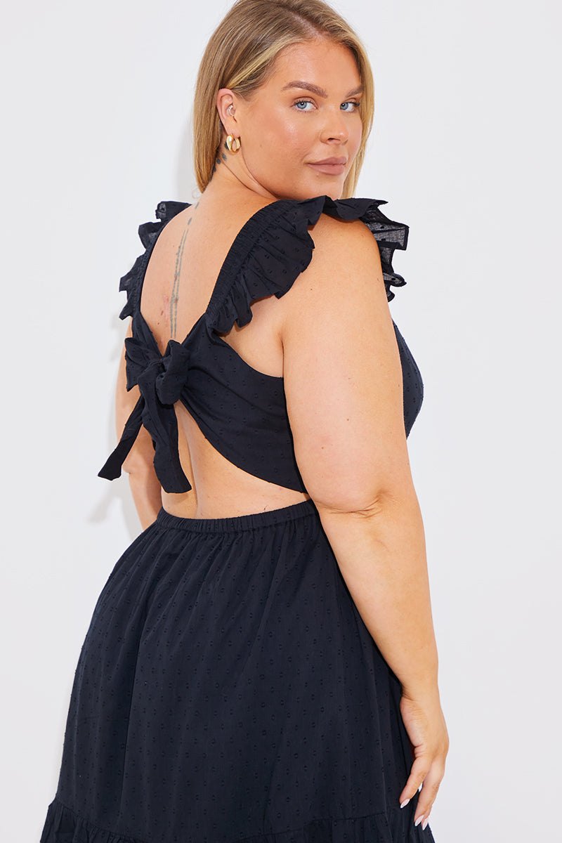 Dobby Frill Strap Tie Back Detail Tiered Midi Dress