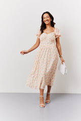 Cream Floral Print Puff Sleeve Milkmaid Midi Dress