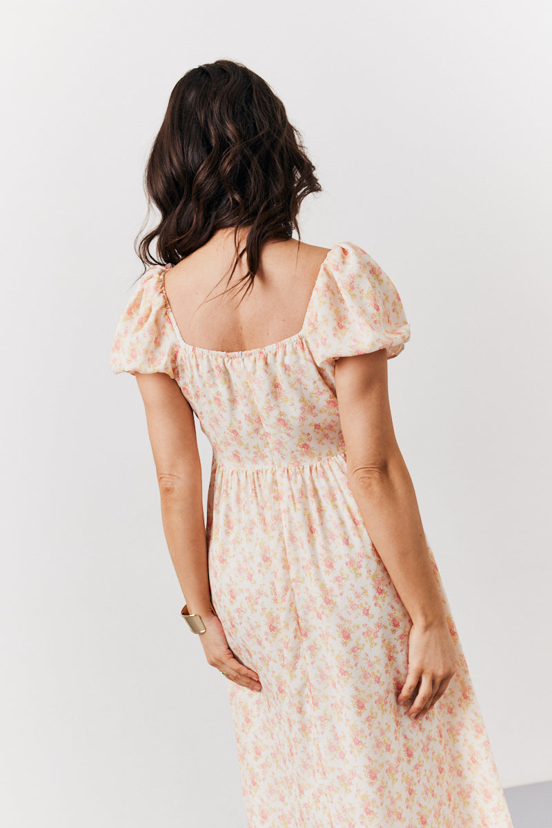 Cream Floral Print Puff Sleeve Milkmaid Midi Dress