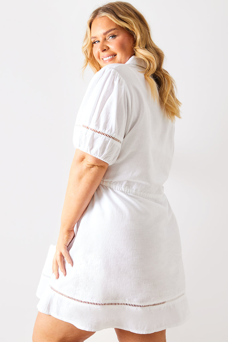 Crochet Insert Linen Look Button Through Mini Dress