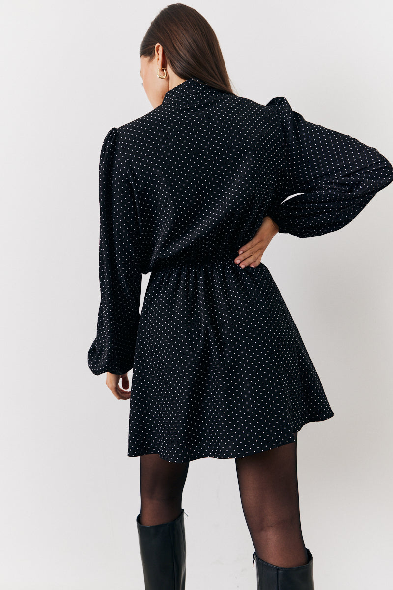 Black and White Polka Dot Mini Dress with Tie Neck