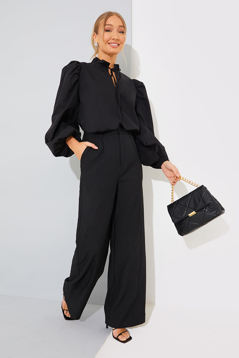Cotton Puff Sleeve Tie Front Blouse