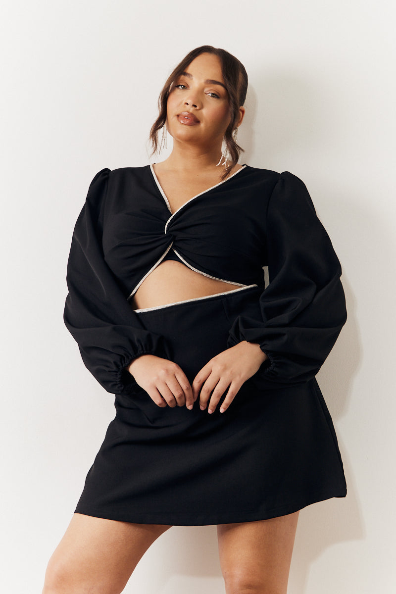Black Embellished Trim Cut Out Balloon Sleeve Mini Dress
