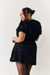 Black Sequin Floral Applique Fit and Flare Mini Dress