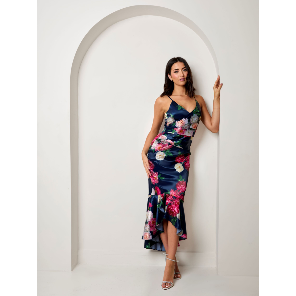 Chi Chi London Sleeveless Floral Print Ruffle Hem Midi Dress in Navy