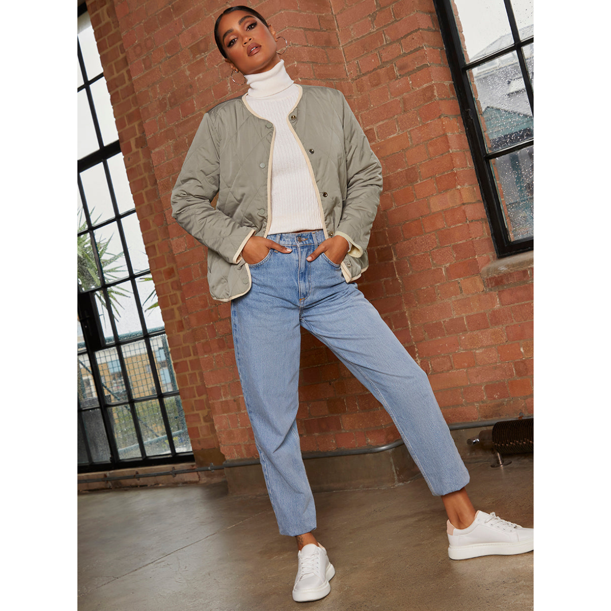 Chi Chi London Reversible Quilted Short Jacket in Cream and Khaki