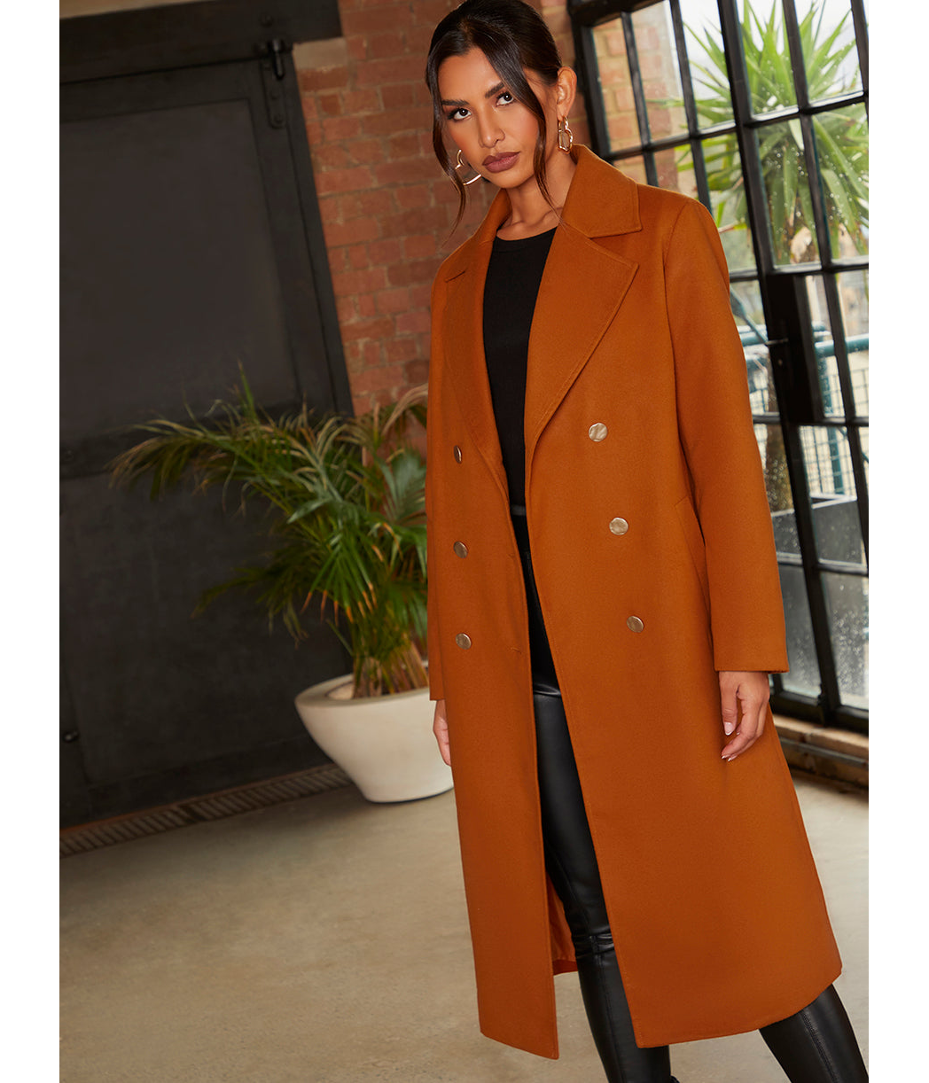 Chi Chi London Double Breasted Longline Coat in Orange