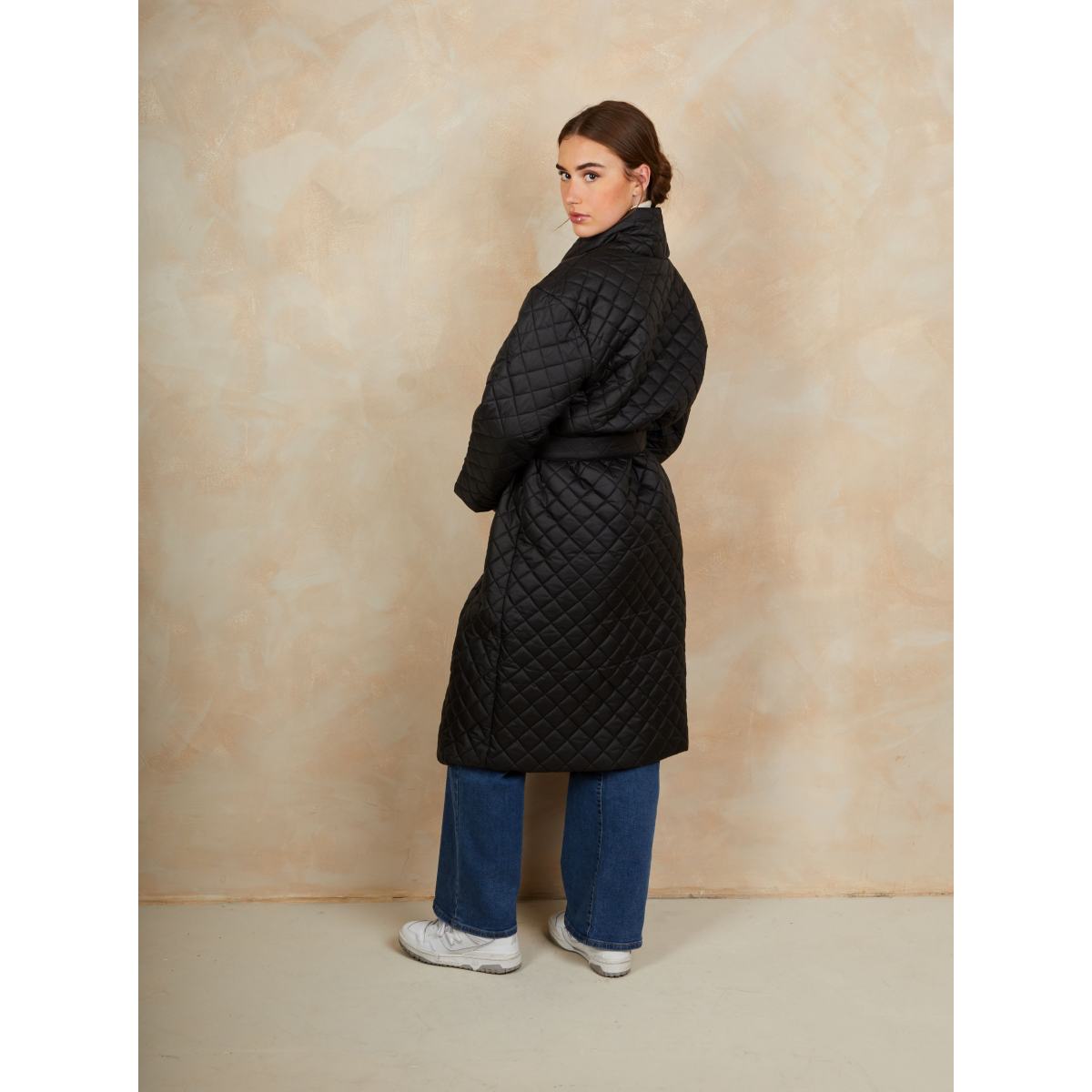 Diamond Quilted Longline Belted Coat in Black