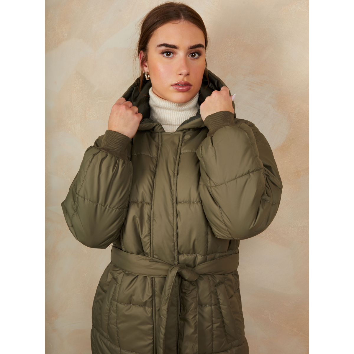 Check Padded Longline Belted Coat in Khaki
