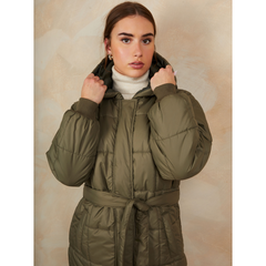 Check Padded Longline Belted Coat in Khaki
