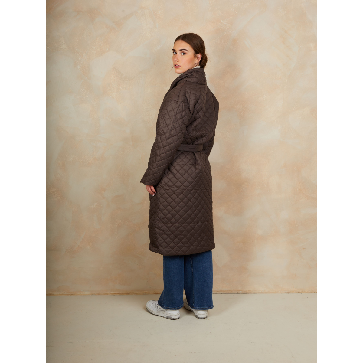 Diamond Quilted Longline Belted Coat in Chocolate